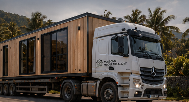 Camion grue livrant une maison modulaire sur site tropical